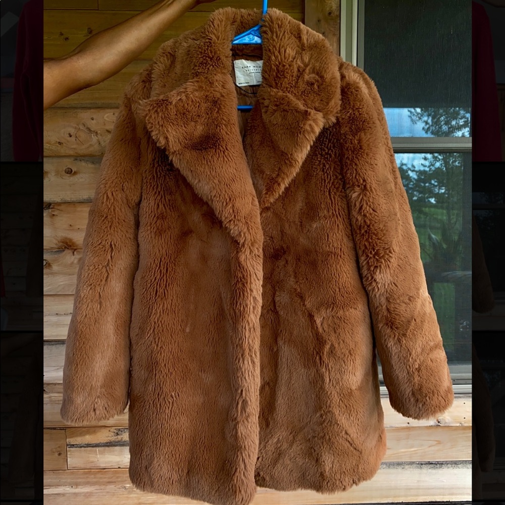 Zara Faux Fur Coat Brown - Picture 2 of 5